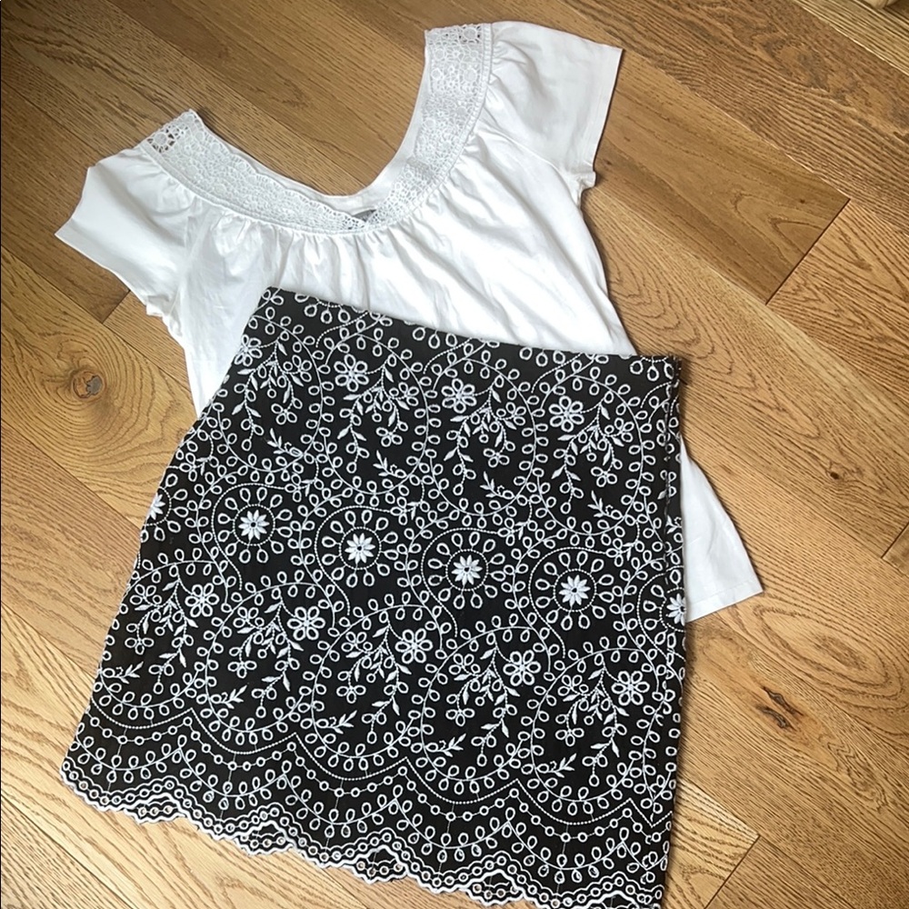 LOFT Black and White Embroidered Pencil Skirt and Ann Taylor white shirt
